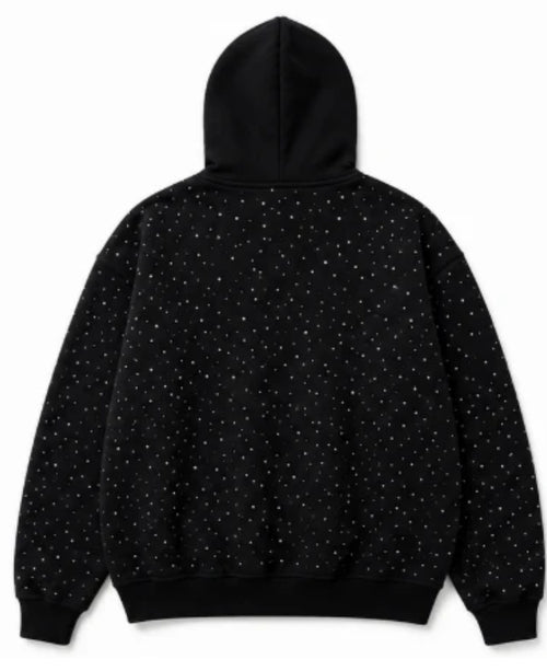 Cropped clean product photo of black One World zip-up hoodie back