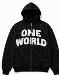 Cropped clean product photo of black One World zip-up hoodie front