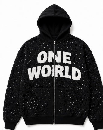 Cropped clean product photo of black One World zip-up hoodie front