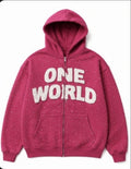 Cropped clean product photo of pink One World zip-up hoodie front