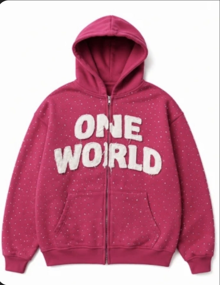 Cropped clean product photo of pink One World zip-up hoodie front